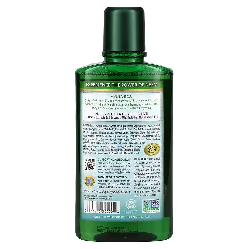 Enjuague Bucal Ayurveda 23 extractos de hierbas y 8 aceites esenciales,Neem y Peelu