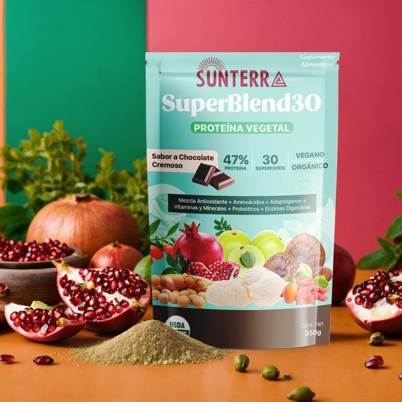 Mezcla de 30 Superfoods, Adaptógenos y Probióticos,proteína, Orgánica , Sabor Chocolate Cremoso,350g