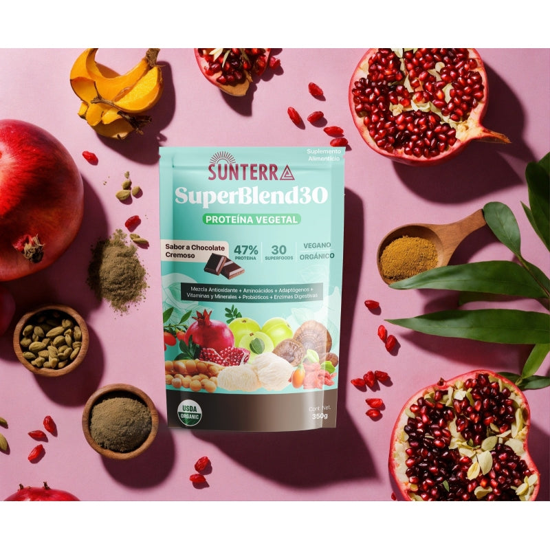 Mezcla de 30 Superfoods, Adaptógenos y Probióticos,proteína, Orgánica , Sabor Chocolate Cremoso,350g