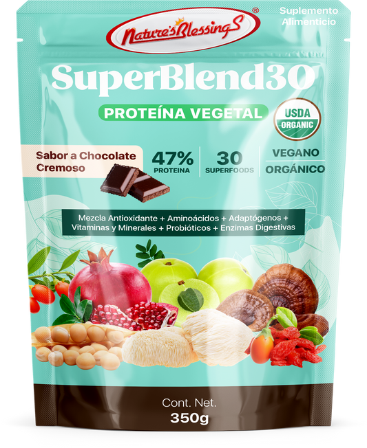 Mezcla de 30 Superfoods, Adaptógenos y Probióticos,proteína, Orgánica , Sabor Chocolate Cremoso,350g