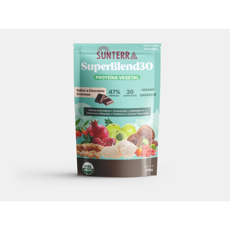 Mezcla de 30 Superfoods, Adaptógenos y Probióticos,proteína, Orgánica , Sabor Chocolate Cremoso,350g