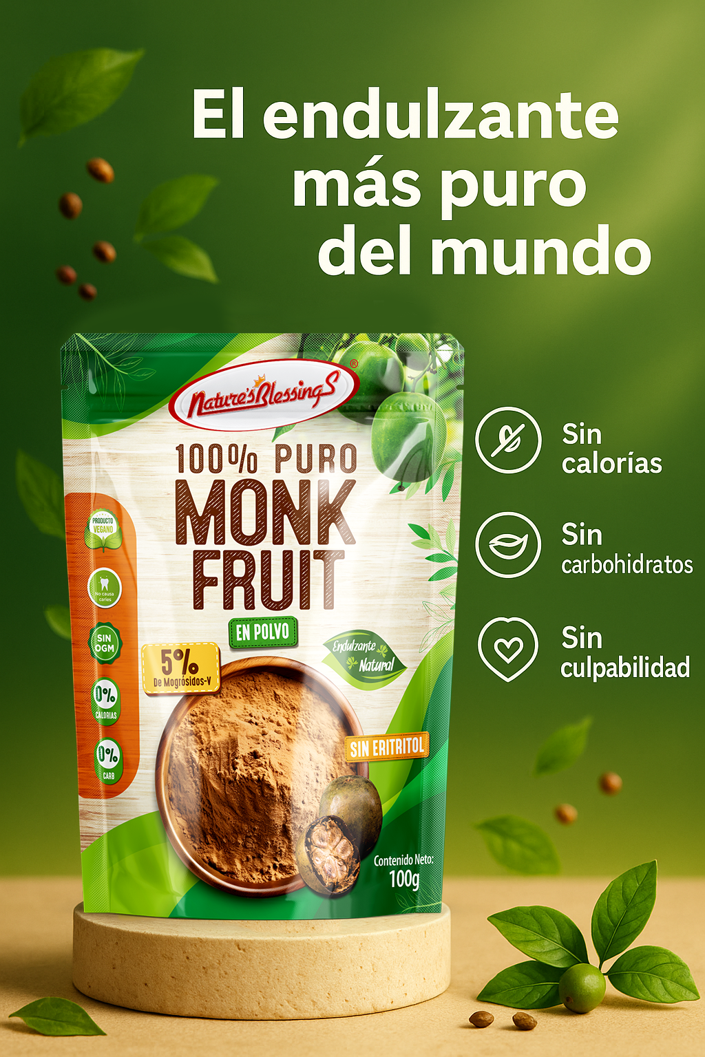Extracto Puro de Monk Fruit 5% 100g | Endulza 20x más que el azúcar